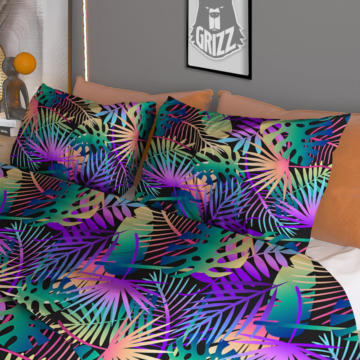 Tropical Neon Color And Palm Leaves Print Pattern Duvet Cover Bedding Set