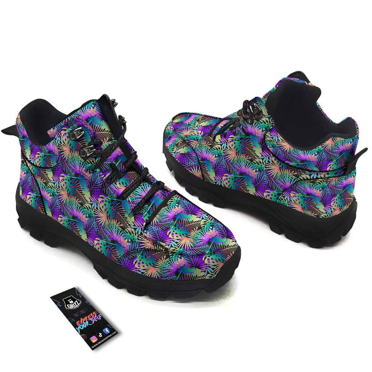 Tropical Neon Color And Palm Leaves Print Pattern Hiking Shoes-grizzshop