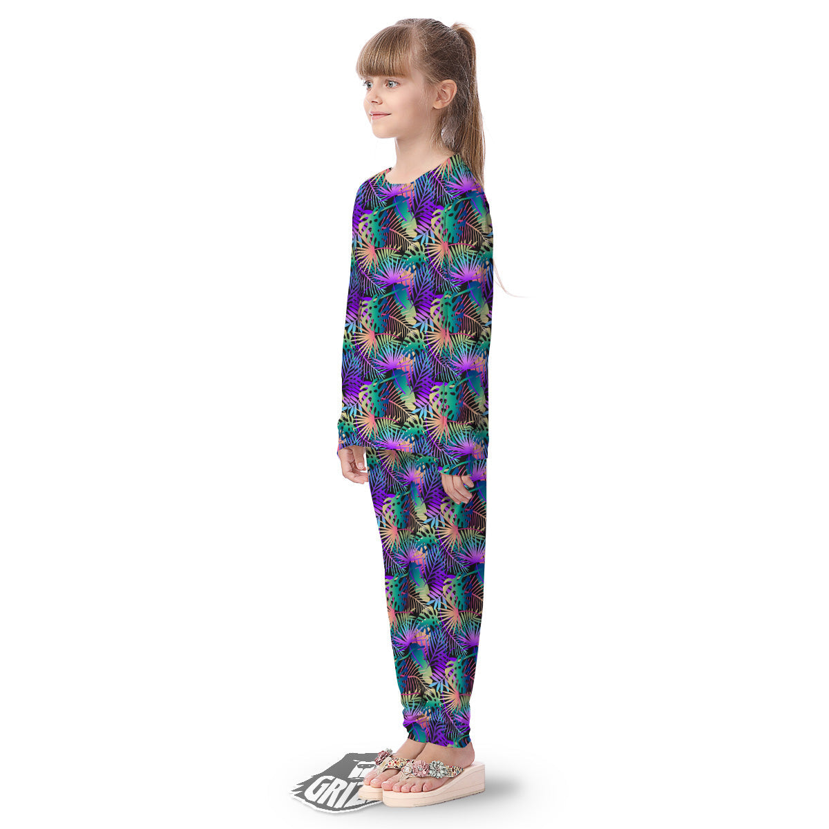 Tropical Neon Color And Palm Leaves Print Pattern Kid's Pajamas-grizzshop