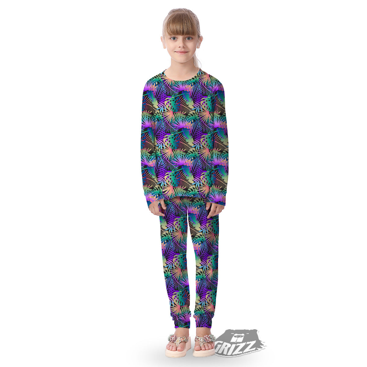 Tropical Neon Color And Palm Leaves Print Pattern Kid's Pajamas-grizzshop