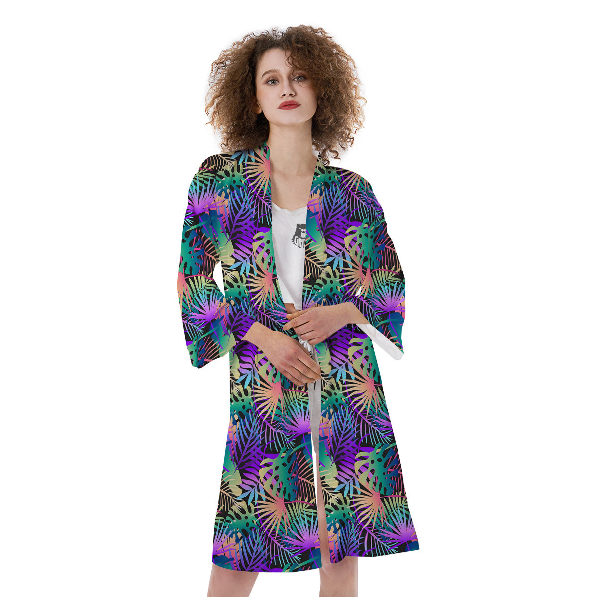 Tropical Neon Color And Palm Leaves Print Pattern Kimono-grizzshop
