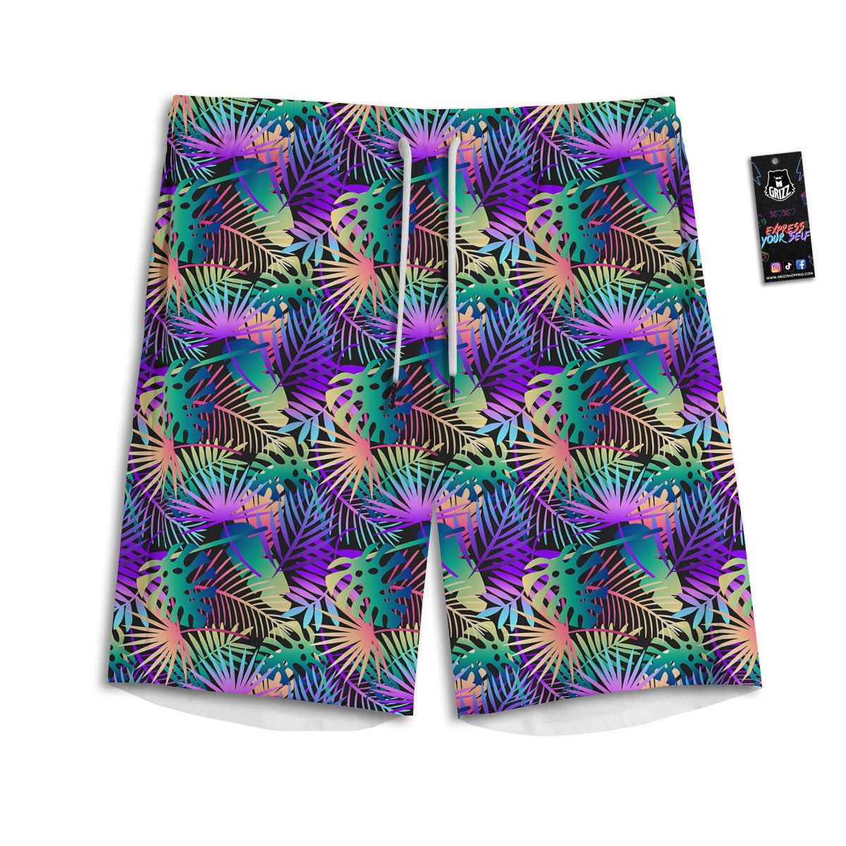 Tropical Neon Color And Palm Leaves Print Pattern Men's Athletic Shorts