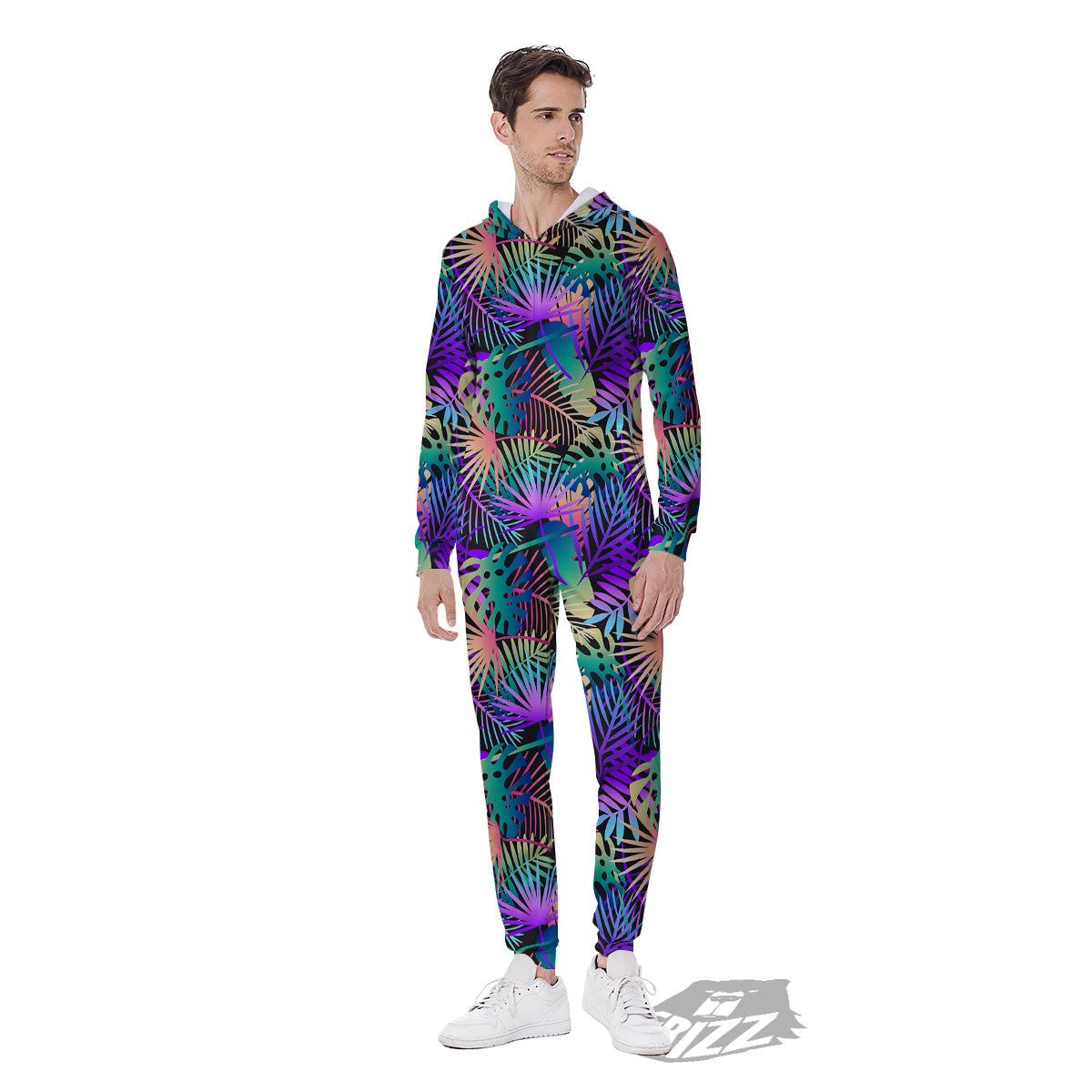 Tropical Neon Color And Palm Leaves Print Pattern Men's Jumpsuit-grizzshop
