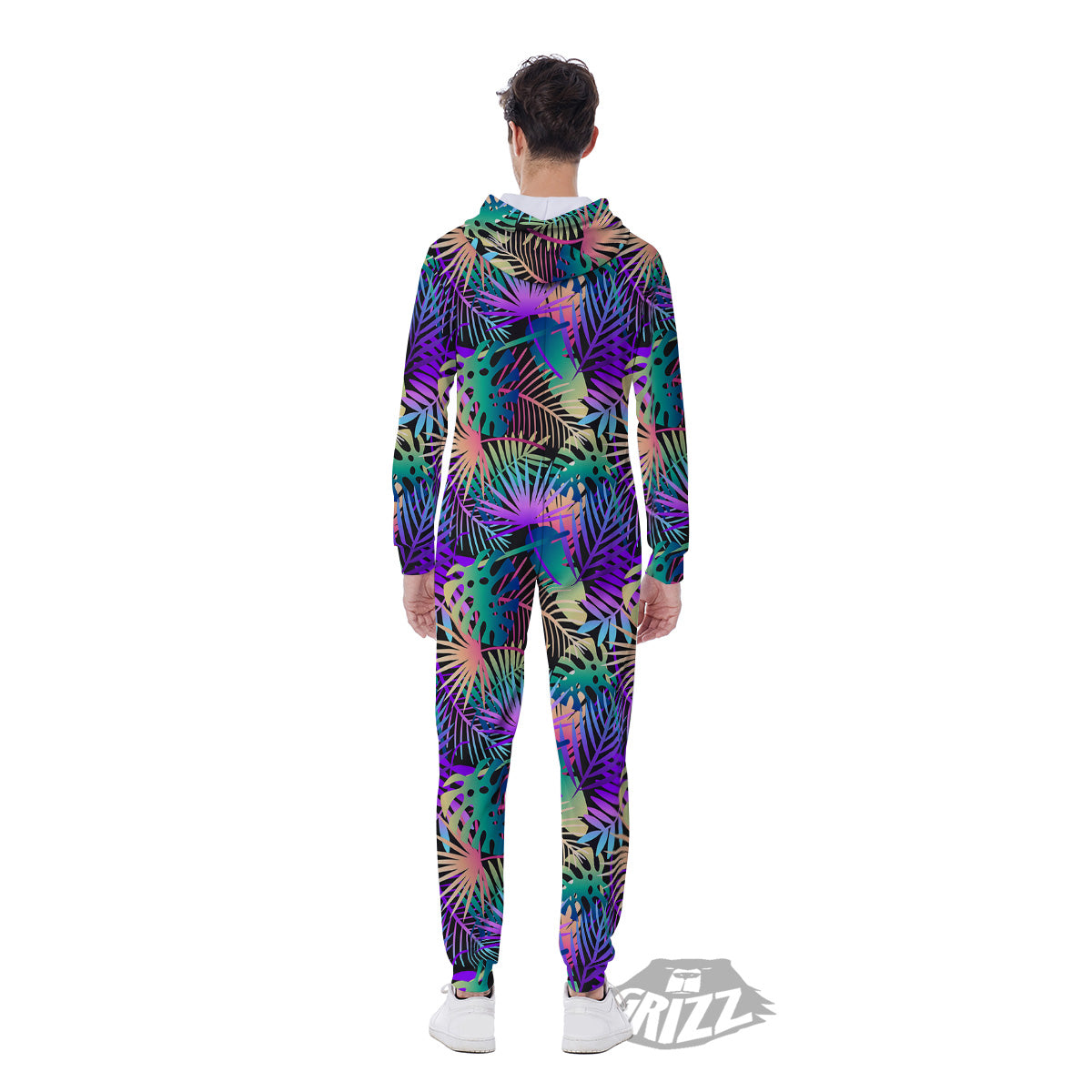 Tropical Neon Color And Palm Leaves Print Pattern Men's Jumpsuit-grizzshop