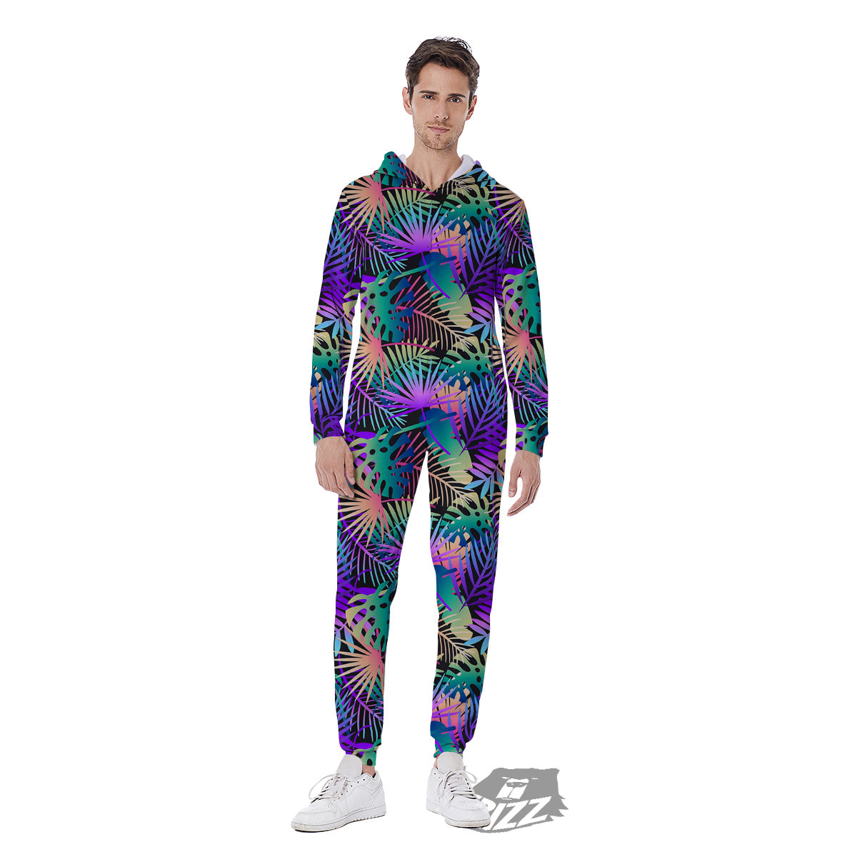 Tropical Neon Color And Palm Leaves Print Pattern Men's Jumpsuit-grizzshop