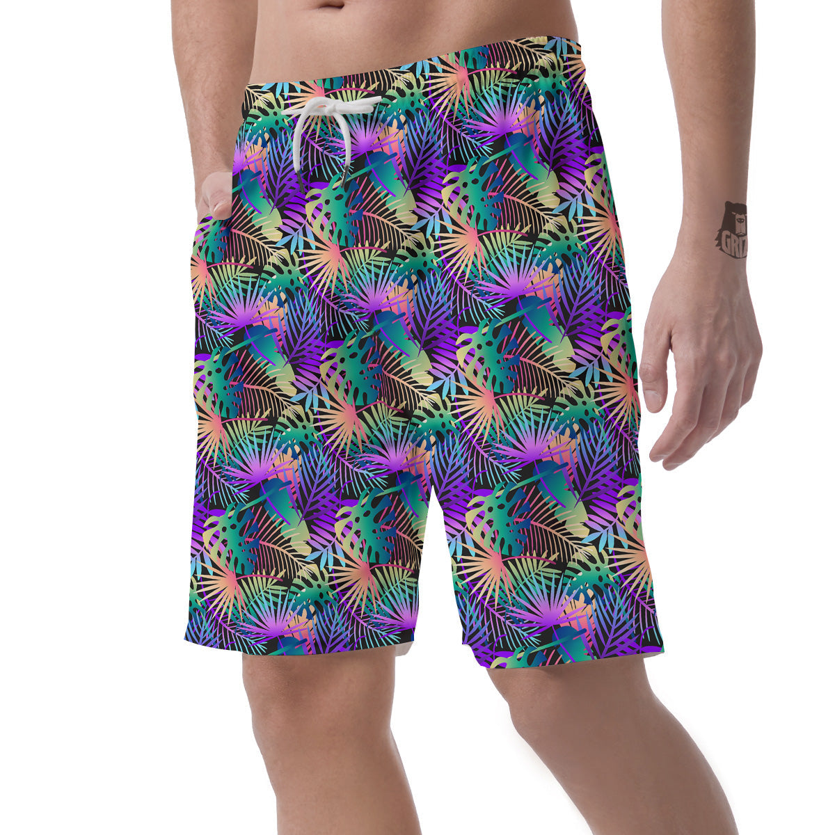 Tropical Neon Color And Palm Leaves Print Pattern Men's Shorts-grizzshop