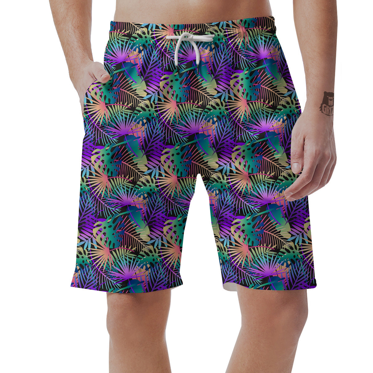 Tropical Neon Color And Palm Leaves Print Pattern Men's Shorts-grizzshop