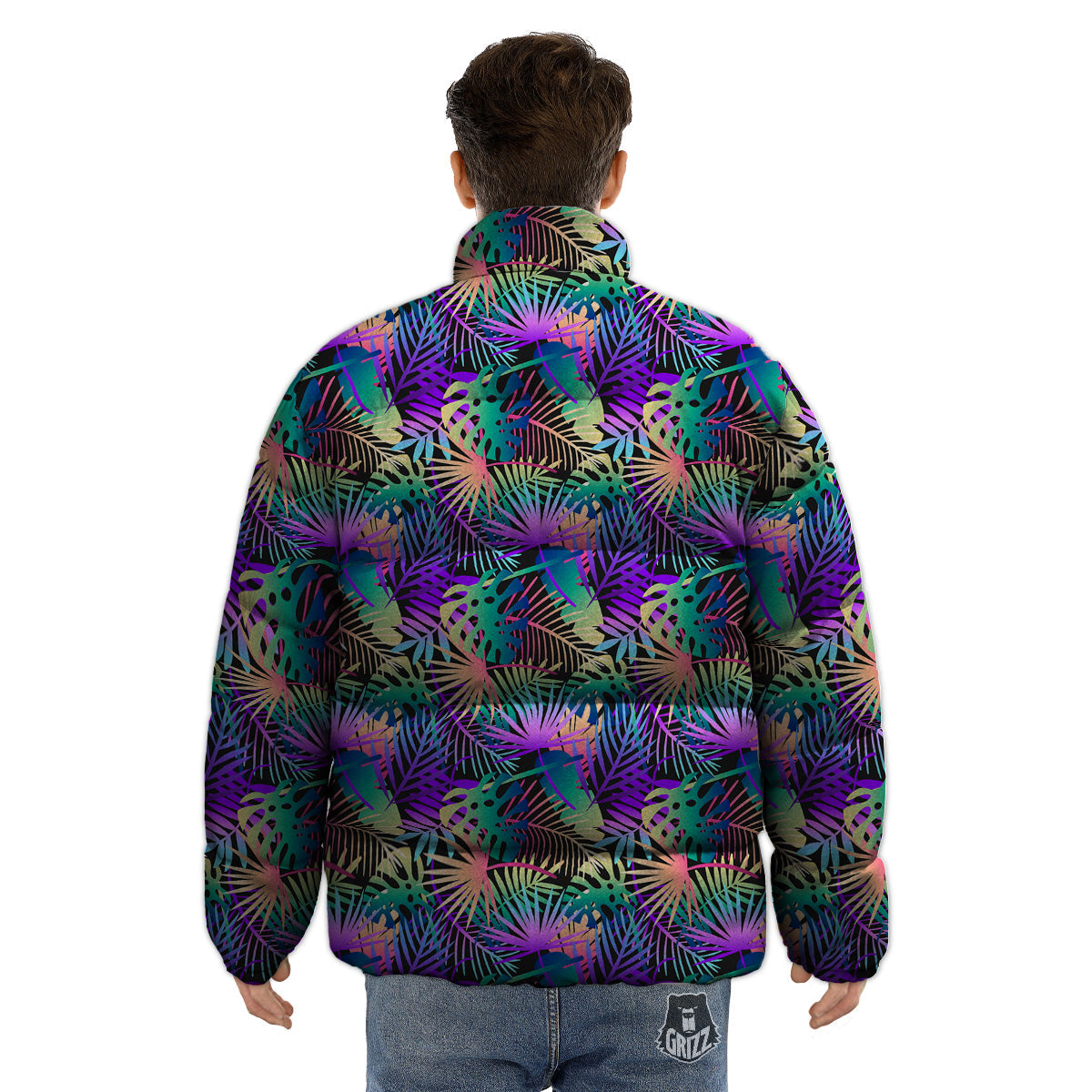 Tropical Neon Color And Palm Leaves Print Pattern Puffer Jacket-grizzshop