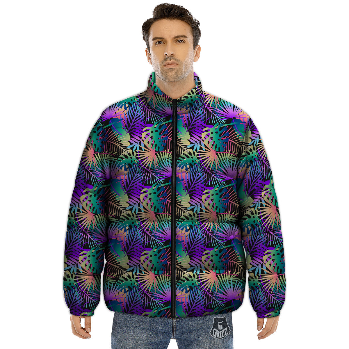 Tropical Neon Color And Palm Leaves Print Pattern Puffer Jacket-grizzshop