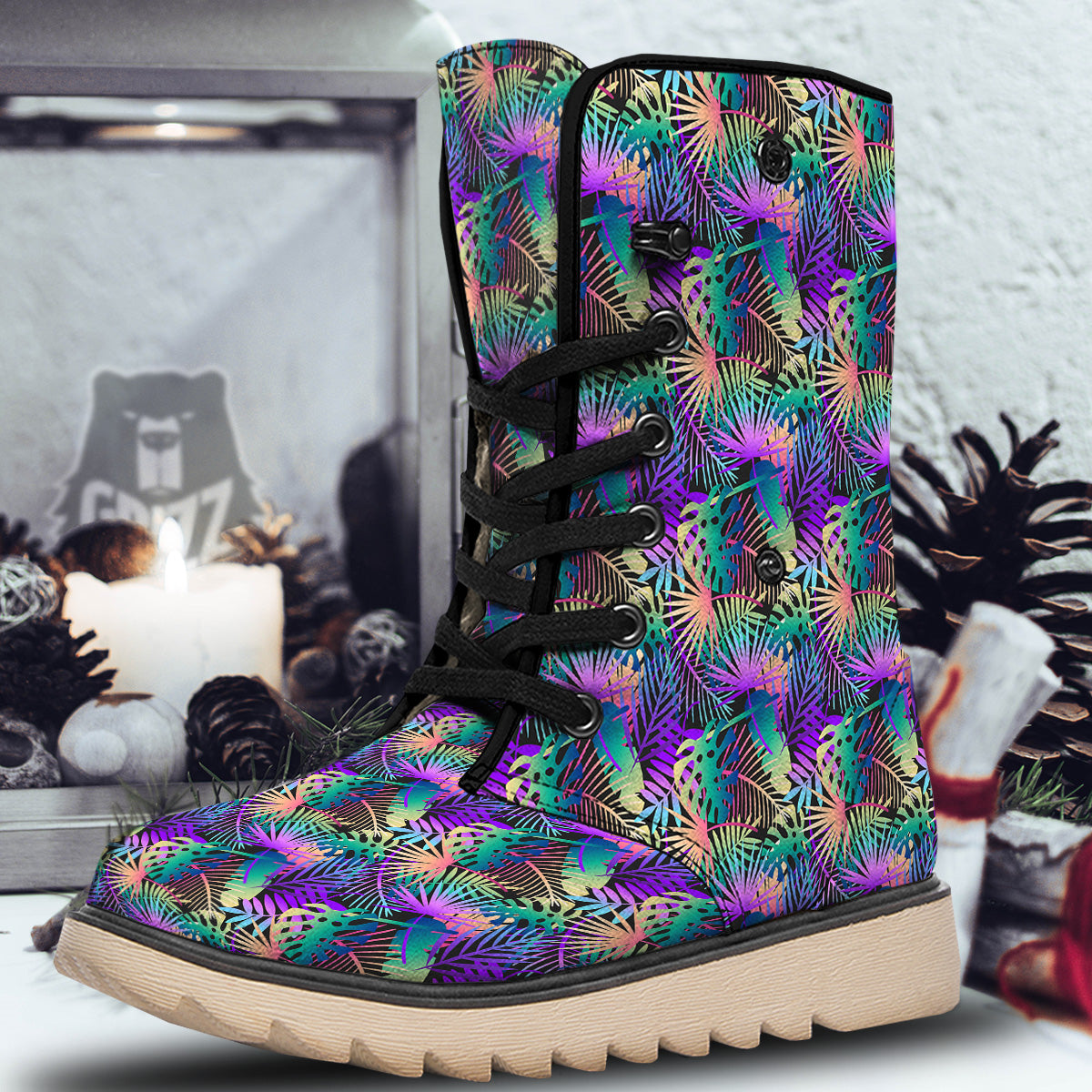 Tropical Neon Color And Palm Leaves Print Pattern Snow Boots-grizzshop