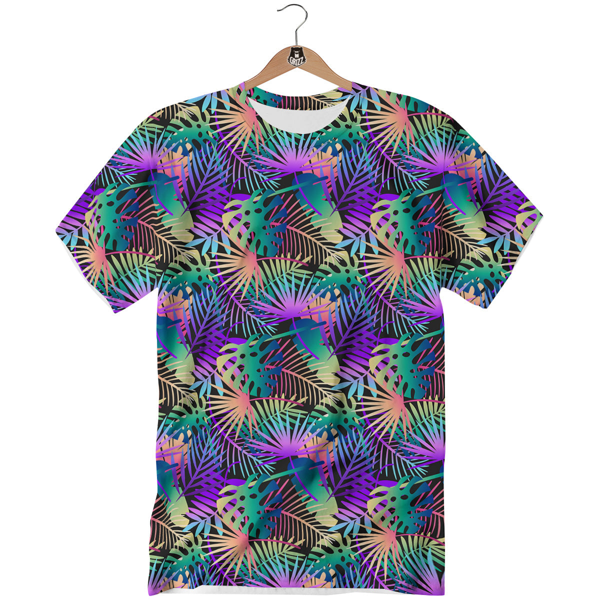 Tropical Neon Color And Palm Leaves Print Pattern T-Shirt-grizzshop