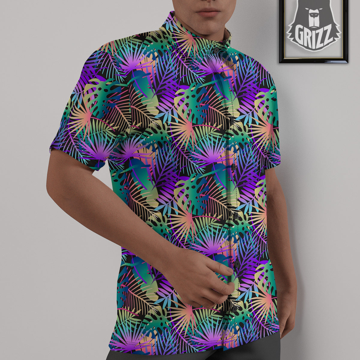 Tropical Neon Color And Palm Leaves Print Pattern Untucked Shirts-grizzshop
