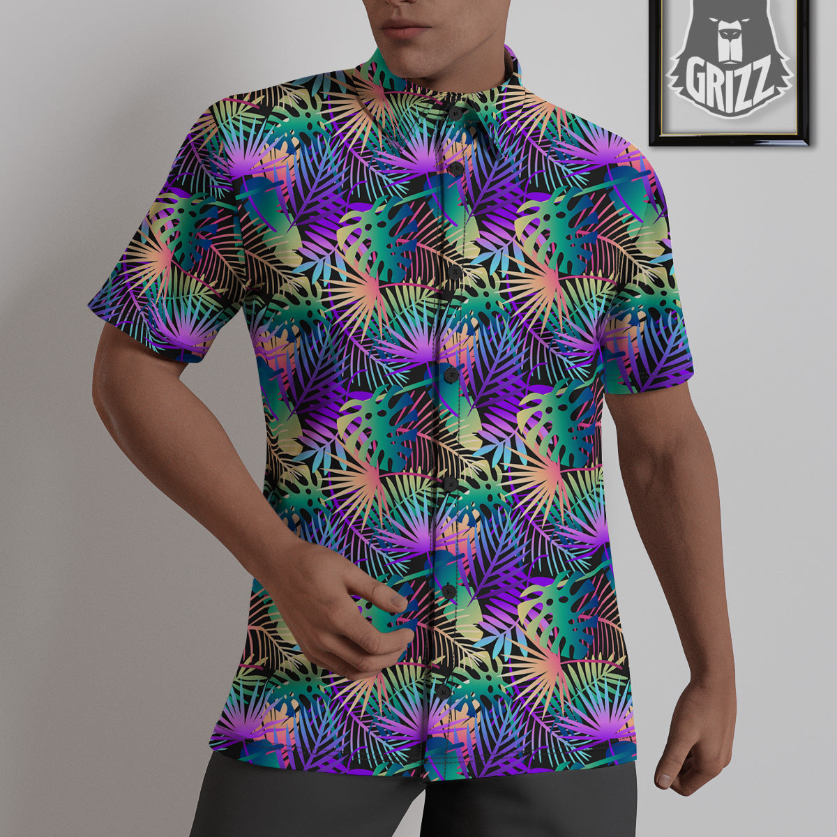 Tropical Neon Color And Palm Leaves Print Pattern Untucked Shirts-grizzshop