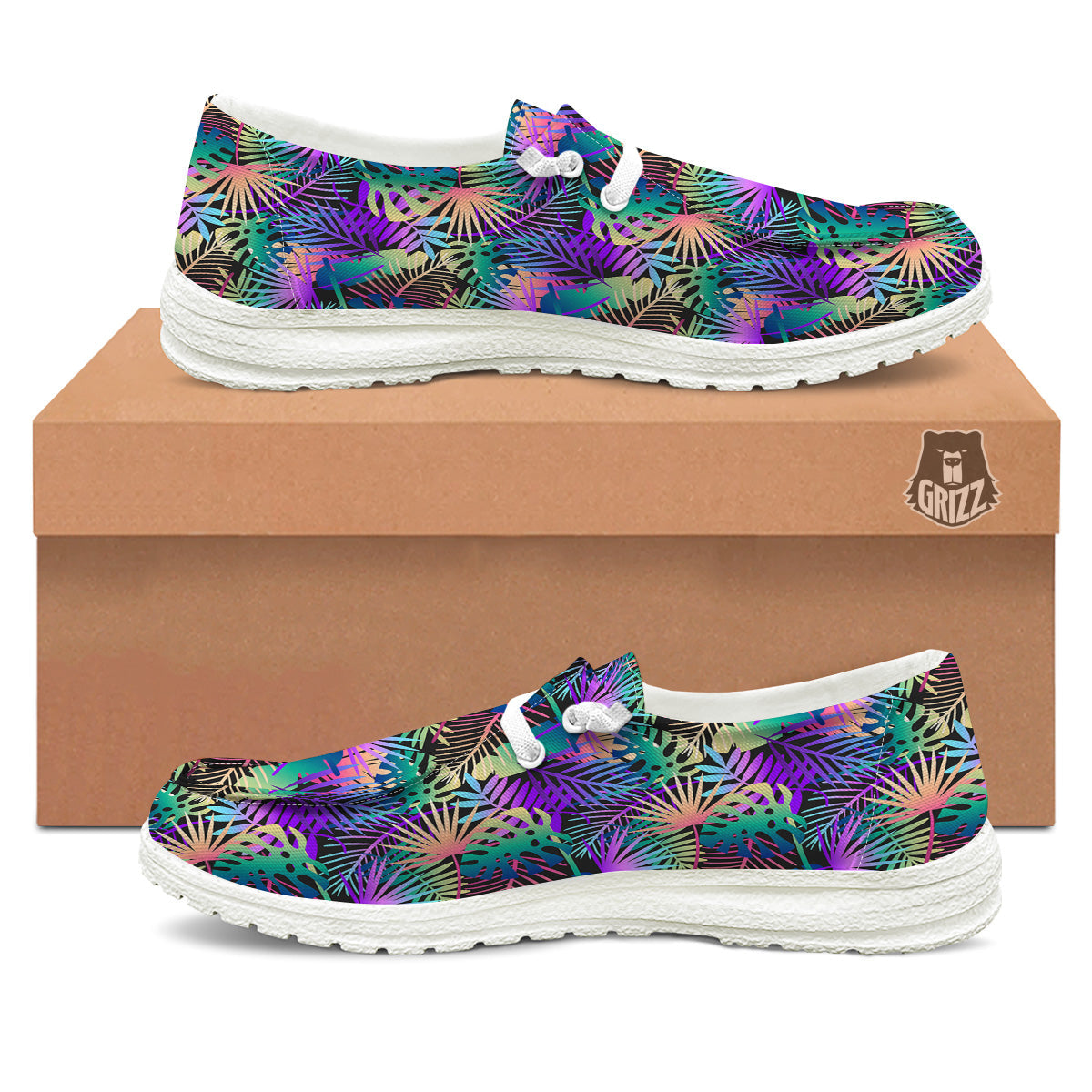 Tropical Neon Color And Palm Leaves Print Pattern White Loafers-grizzshop