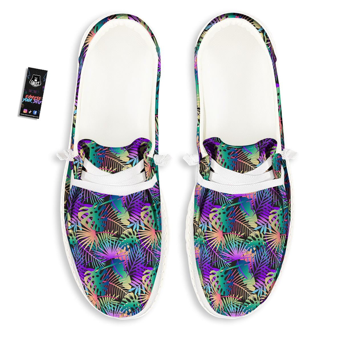 Tropical Neon Color And Palm Leaves Print Pattern White Loafers-grizzshop