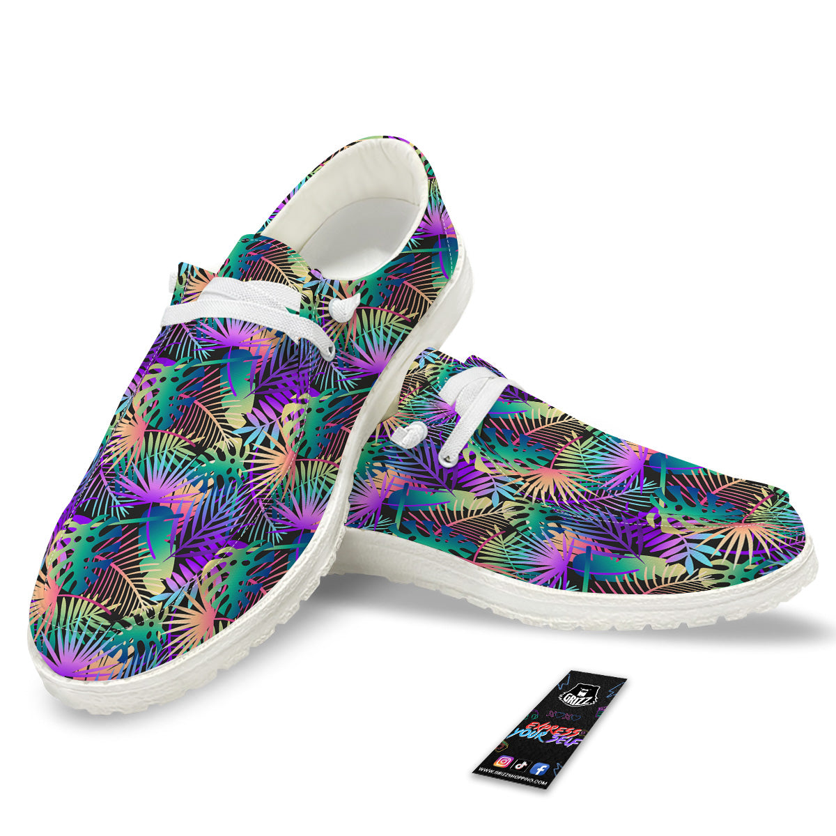 Tropical Neon Color And Palm Leaves Print Pattern White Loafers-grizzshop