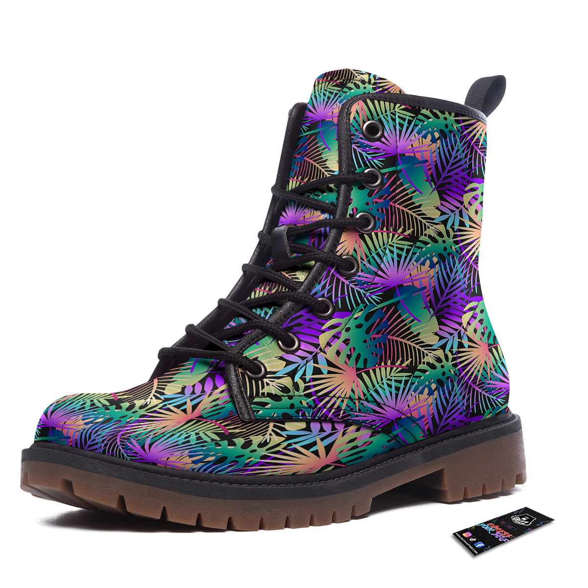 Tropical Neon Color And Palm Leaves Print Pattern Work Boots-grizzshop