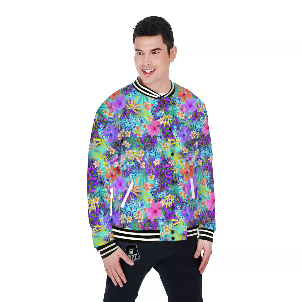 Tropical Neon Hibiscus Print Pattern Baseball Jacket-grizzshop