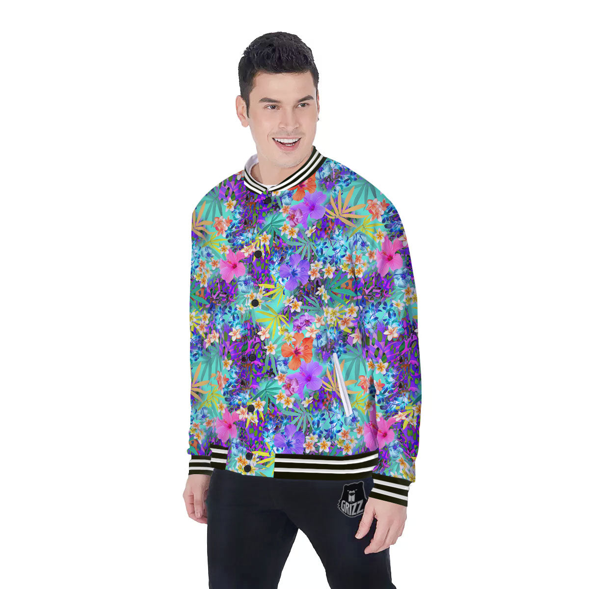 Tropical Neon Hibiscus Print Pattern Baseball Jacket-grizzshop