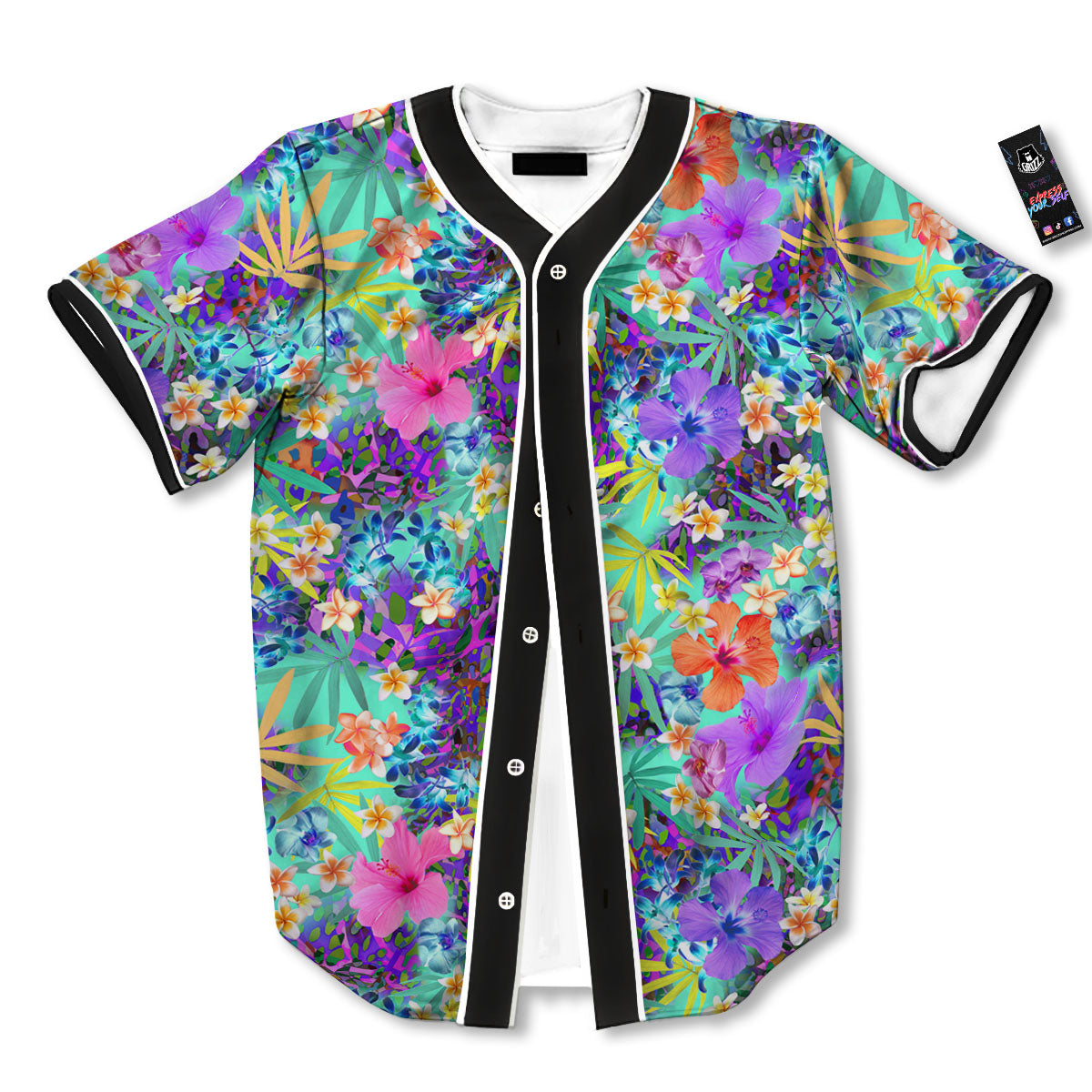 Tropical Neon Hibiscus Print Pattern Baseball Jersey-grizzshop