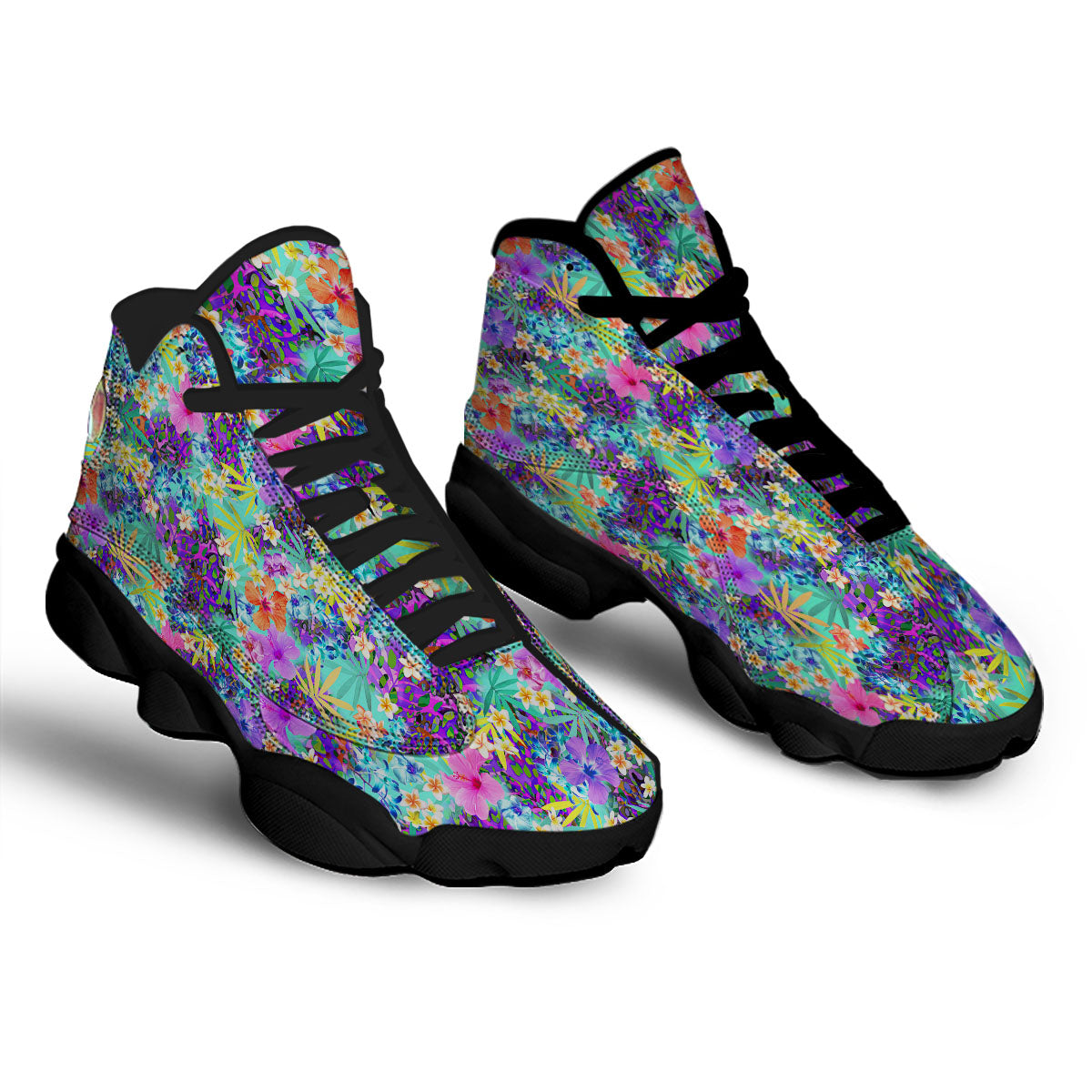 Tropical Neon Hibiscus Print Pattern Black Basketball Shoes-grizzshop