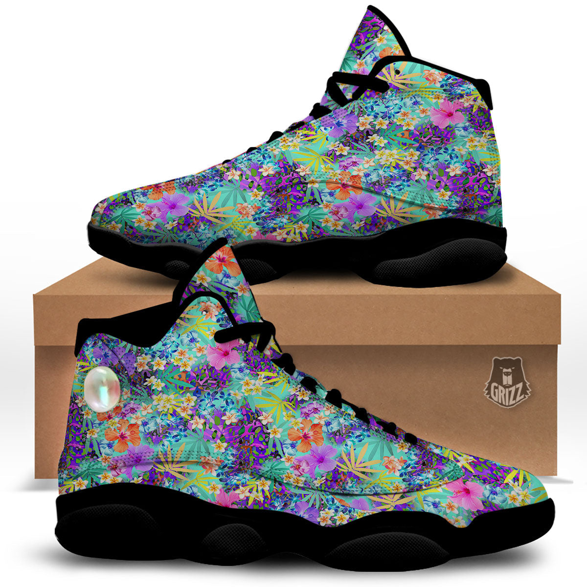 Tropical Neon Hibiscus Print Pattern Black Basketball Shoes-grizzshop