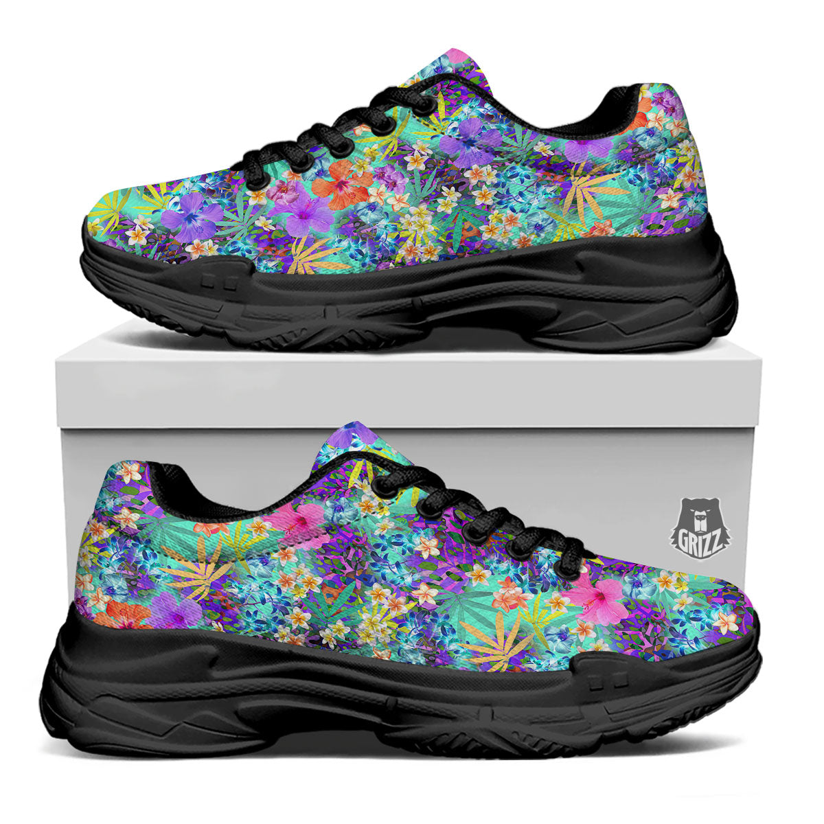 Tropical Neon Hibiscus Print Pattern Black Chunky Shoes-grizzshop