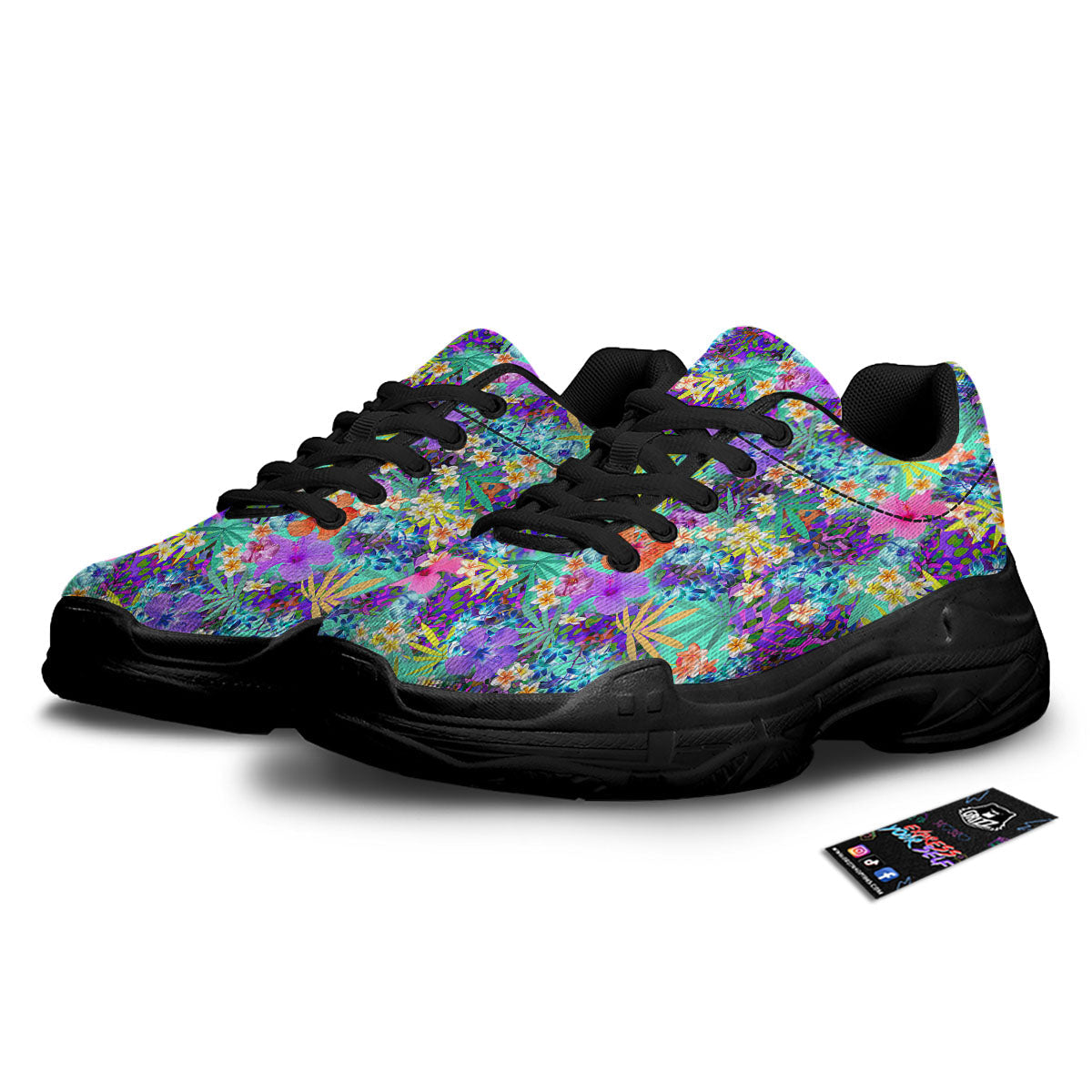 Tropical Neon Hibiscus Print Pattern Black Chunky Shoes-grizzshop