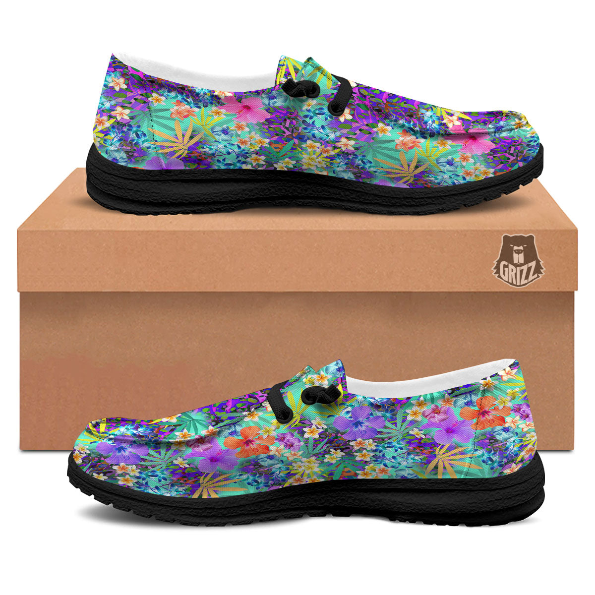 Tropical Neon Hibiscus Print Pattern Black Loafers-grizzshop
