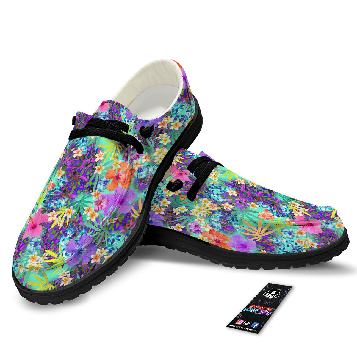 Tropical Neon Hibiscus Print Pattern Black Loafers-grizzshop