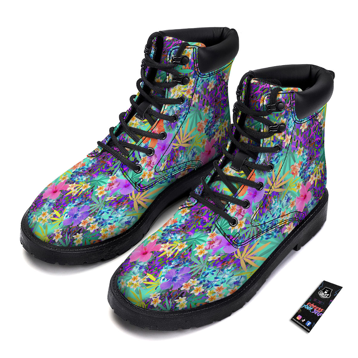 Tropical Neon Hibiscus Print Pattern Boots-grizzshop