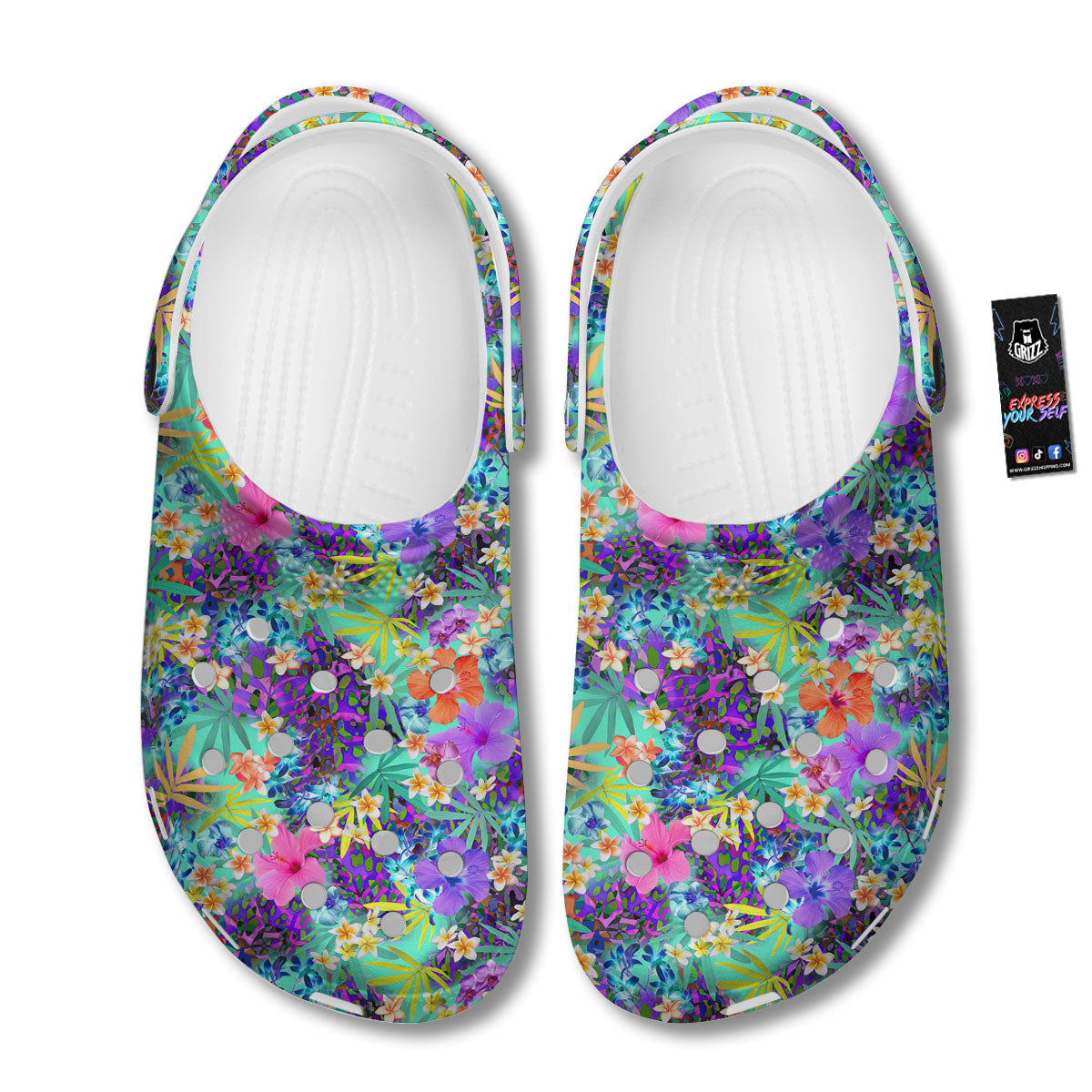 Tropical Neon Hibiscus Print Pattern Clog-grizzshop