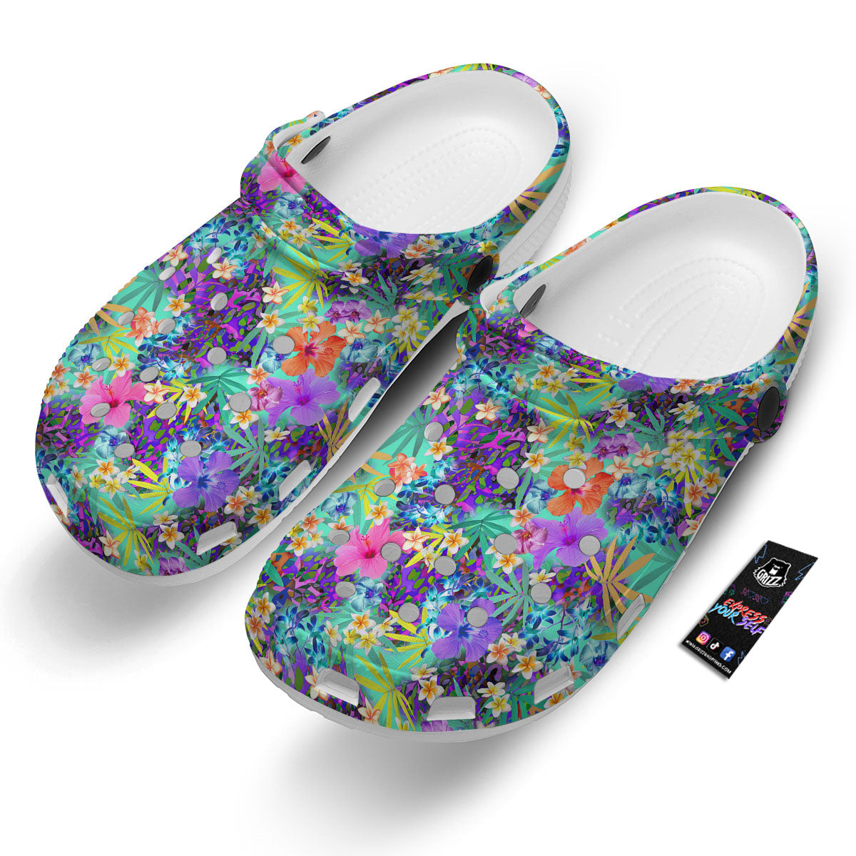 Tropical Neon Hibiscus Print Pattern Clog-grizzshop