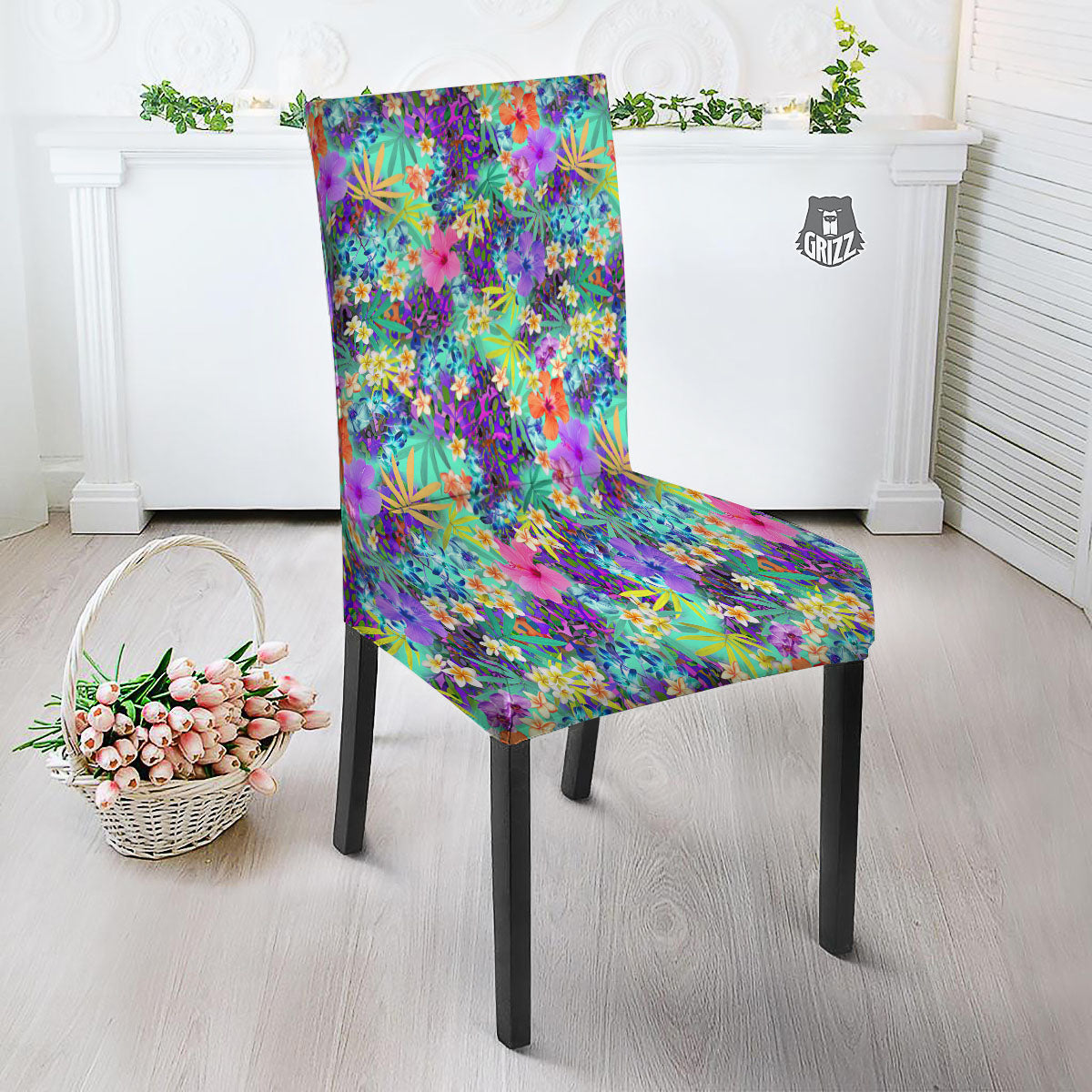 Tropical Neon Hibiscus Print Pattern Dining Chair Slipcover-grizzshop