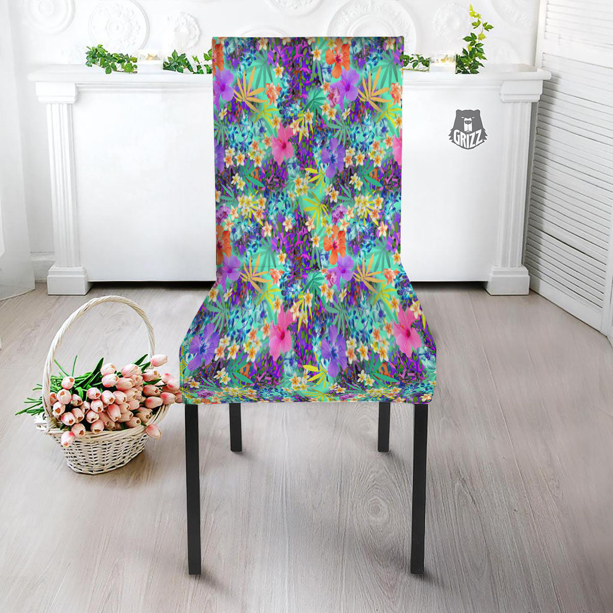 Tropical Neon Hibiscus Print Pattern Dining Chair Slipcover-grizzshop