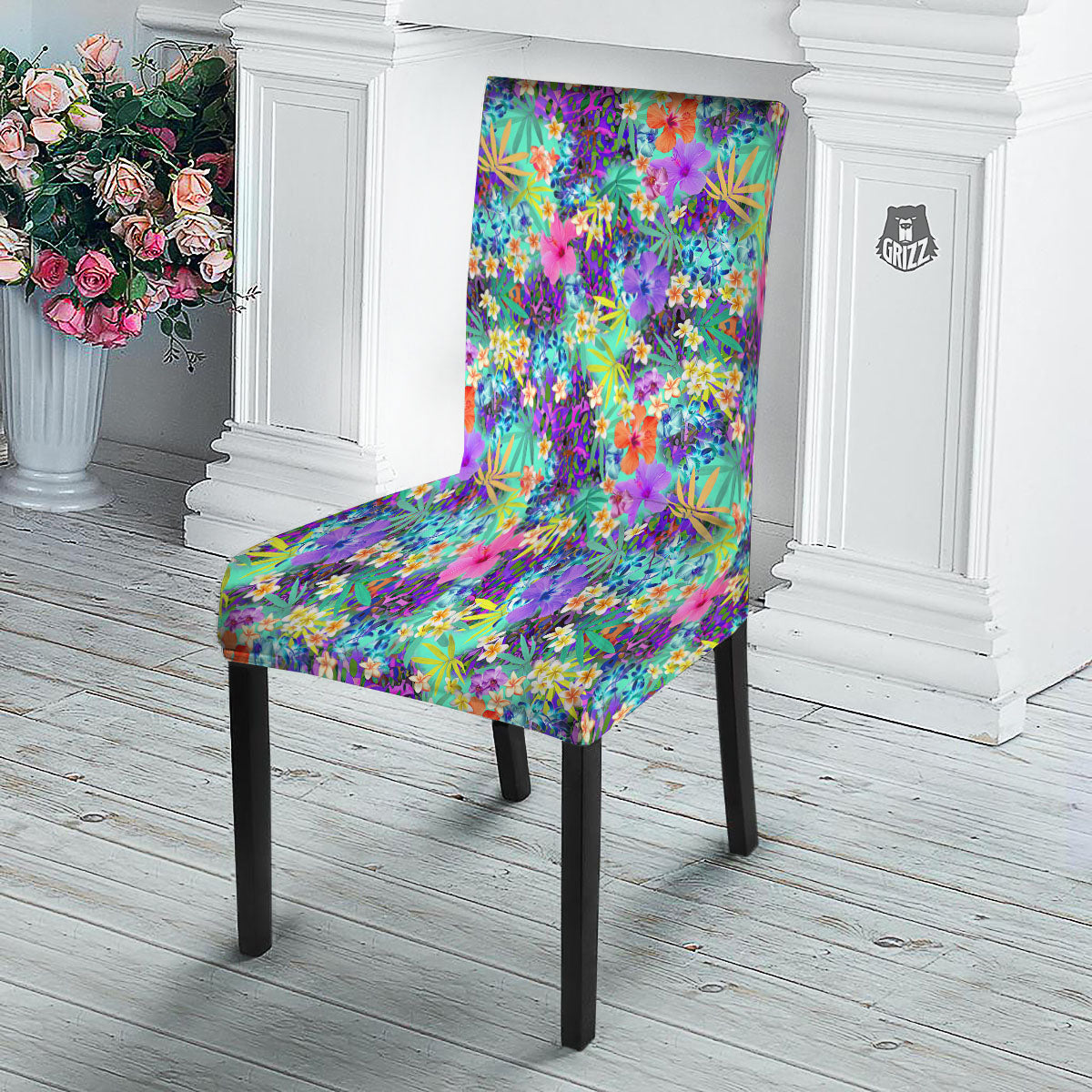 Tropical Neon Hibiscus Print Pattern Dining Chair Slipcover-grizzshop