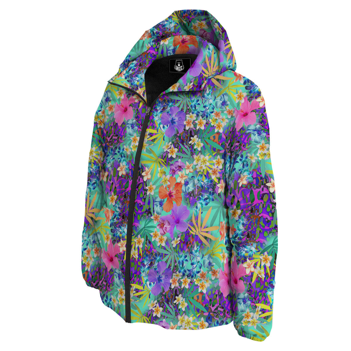 Tropical Neon Hibiscus Print Pattern Down Jacket-grizzshop