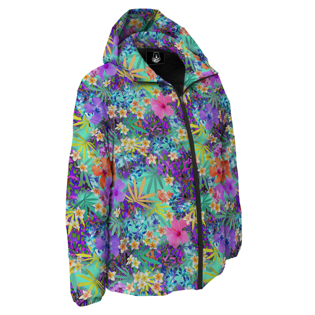 Tropical Neon Hibiscus Print Pattern Down Jacket-grizzshop