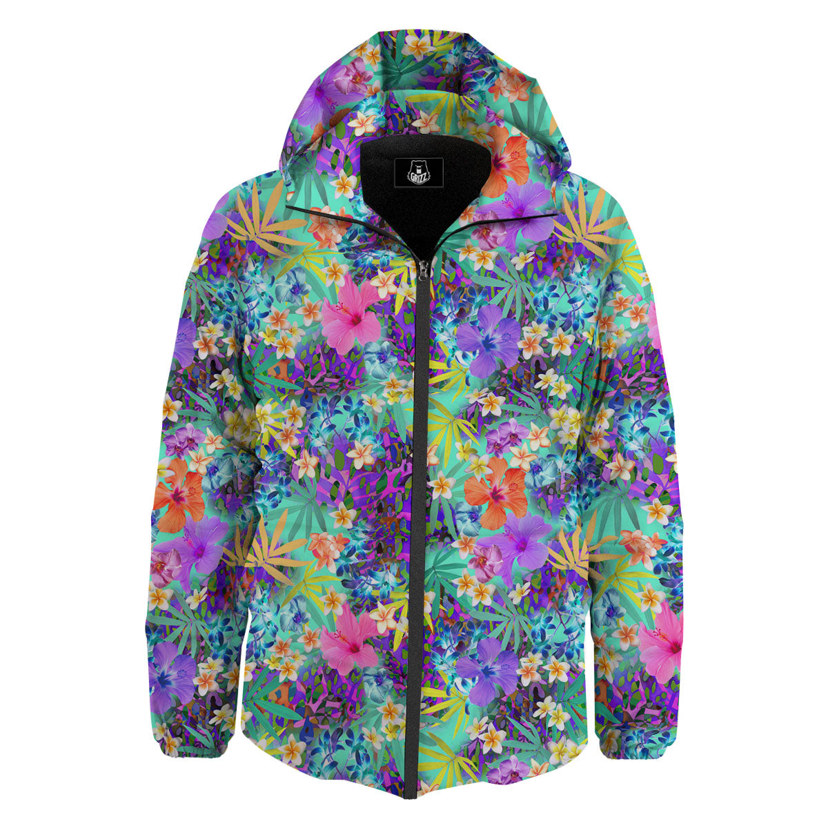 Tropical Neon Hibiscus Print Pattern Down Jacket-grizzshop