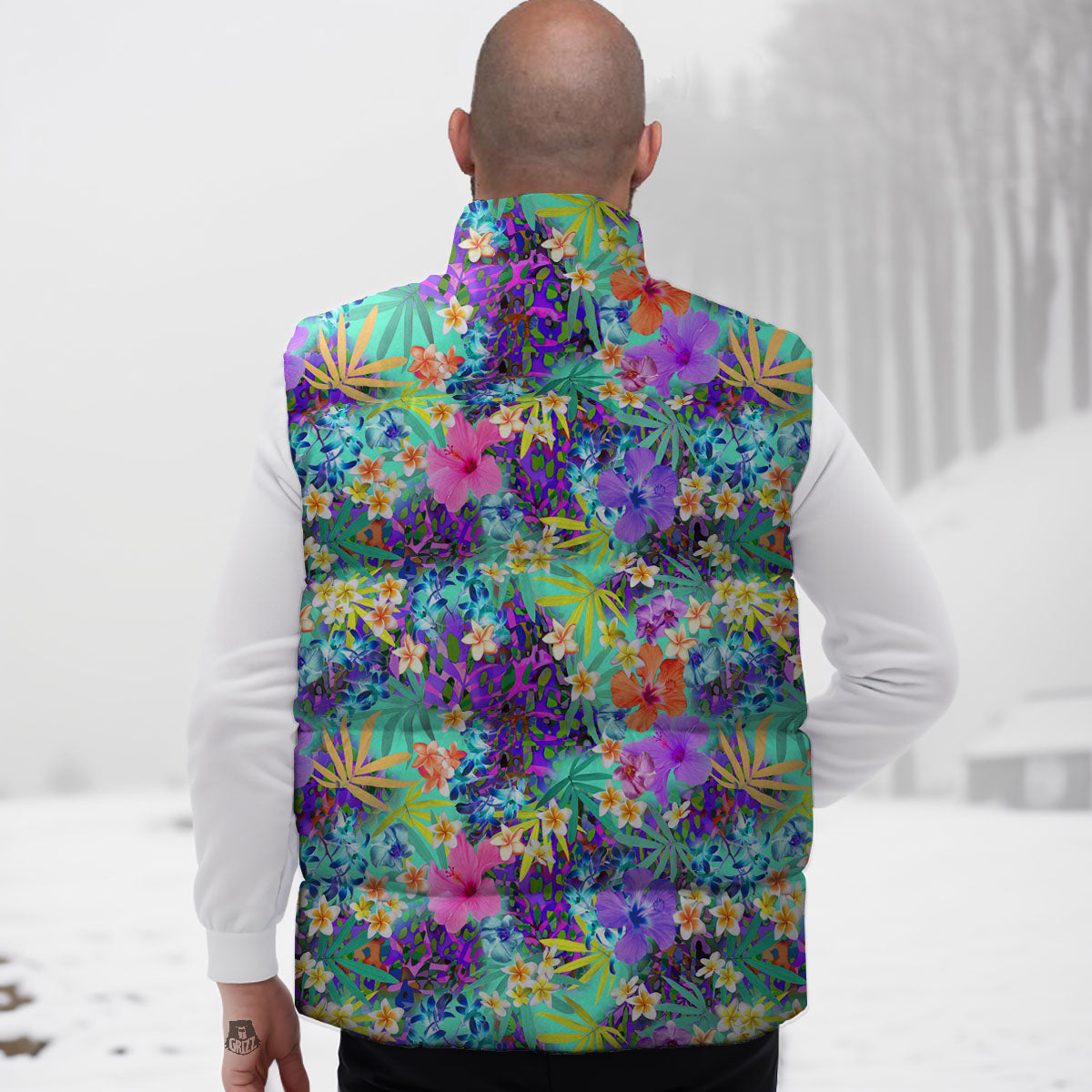 Tropical Neon Hibiscus Print Pattern Down Vest