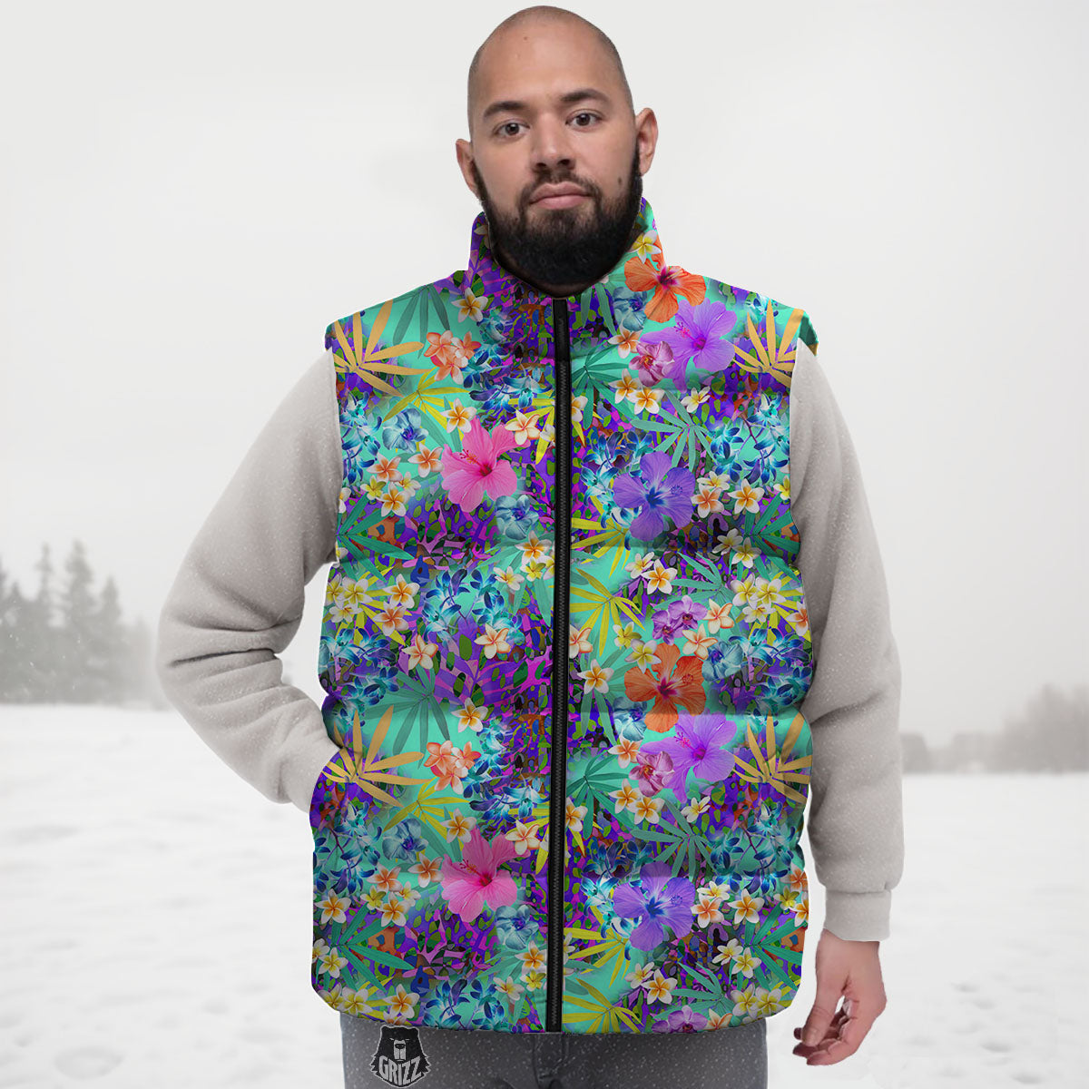 Tropical Neon Hibiscus Print Pattern Down Vest