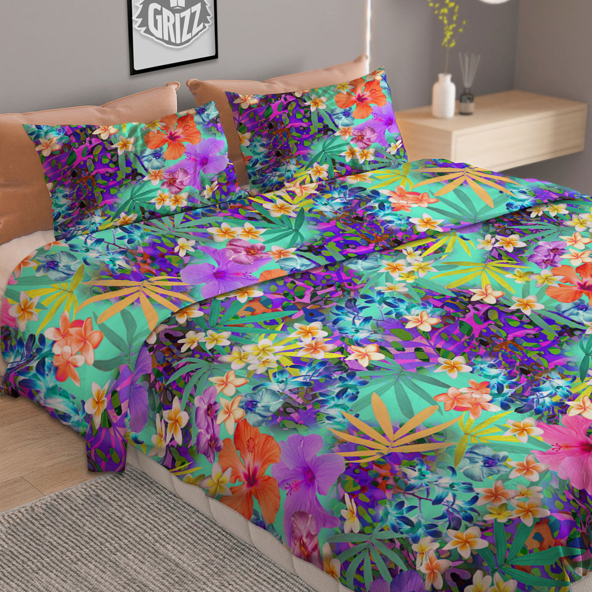 Tropical Neon Hibiscus Print Pattern Duvet Cover Bedding Set