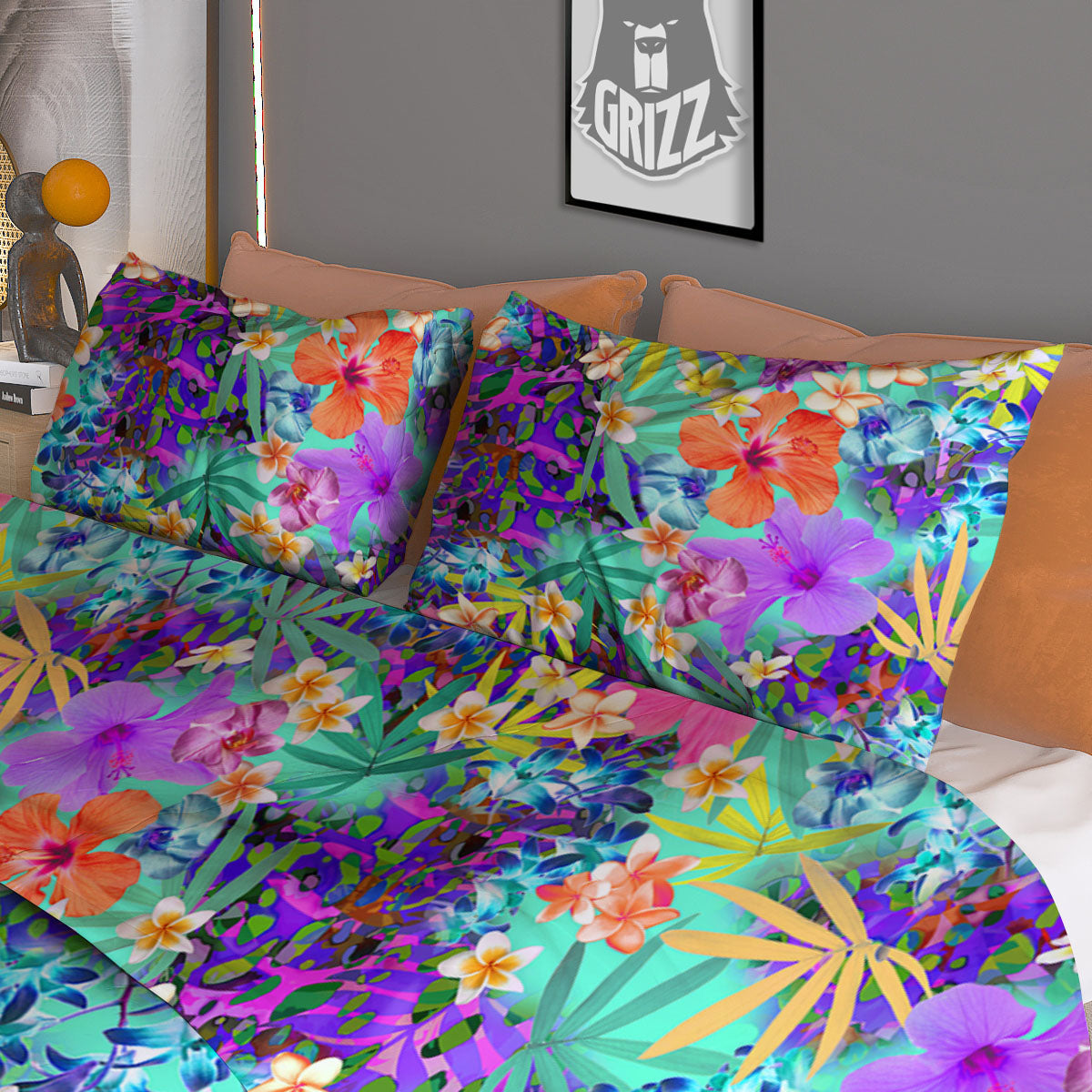 Tropical Neon Hibiscus Print Pattern Duvet Cover Bedding Set