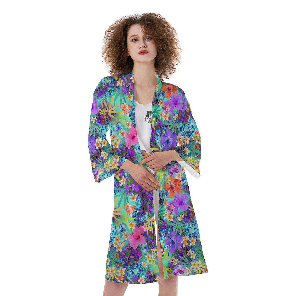 Tropical Neon Hibiscus Print Pattern Kimono-grizzshop