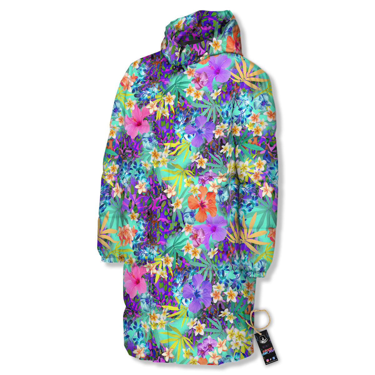 Tropical Neon Hibiscus Print Pattern Long Down Jacket-grizzshop