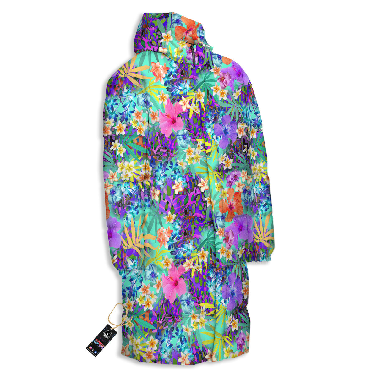 Tropical Neon Hibiscus Print Pattern Long Down Jacket-grizzshop