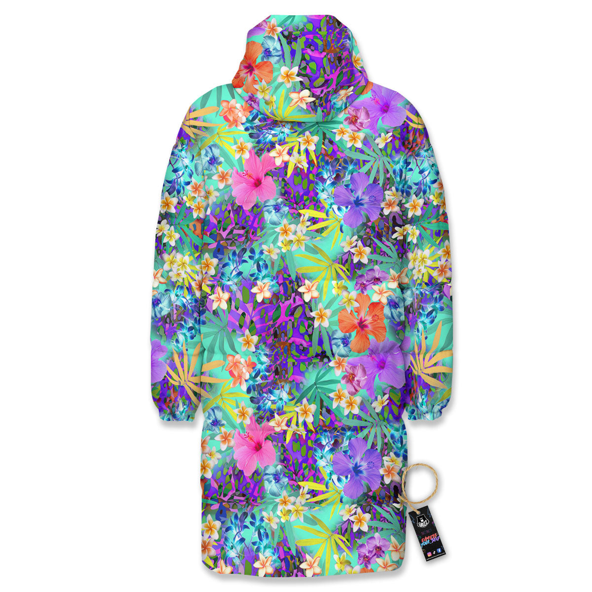 Tropical Neon Hibiscus Print Pattern Long Down Jacket-grizzshop
