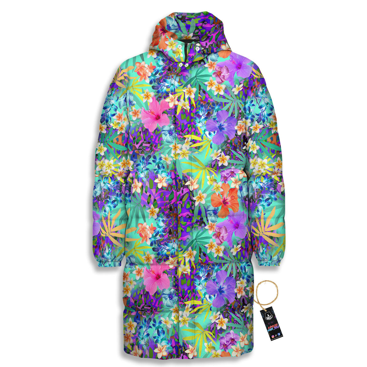 Tropical Neon Hibiscus Print Pattern Long Down Jacket-grizzshop