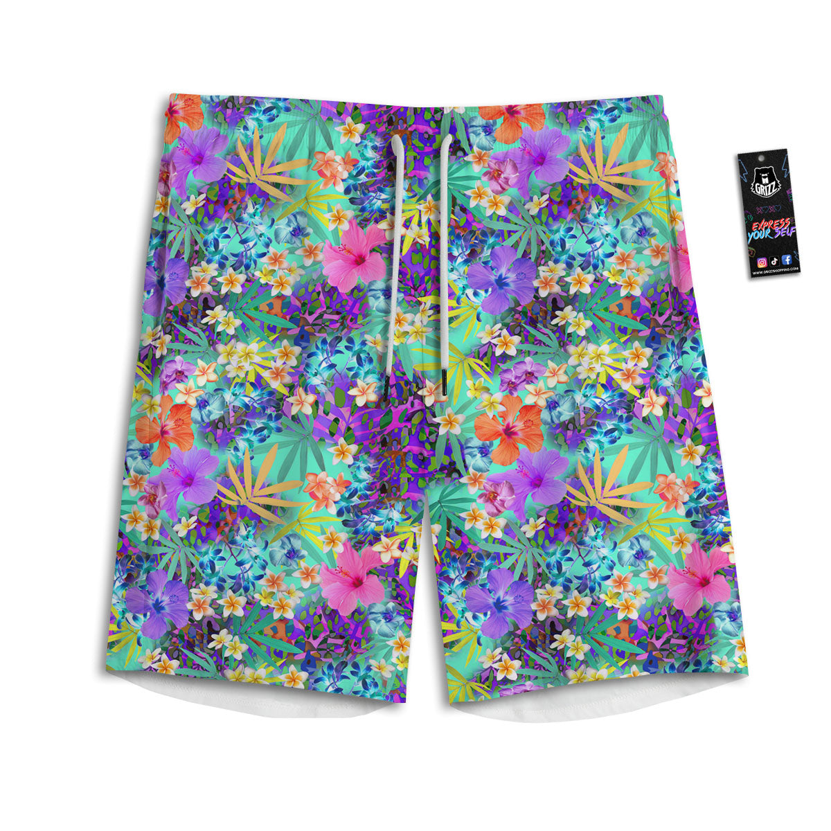 Tropical Neon Hibiscus Print Pattern Men's Athletic Shorts