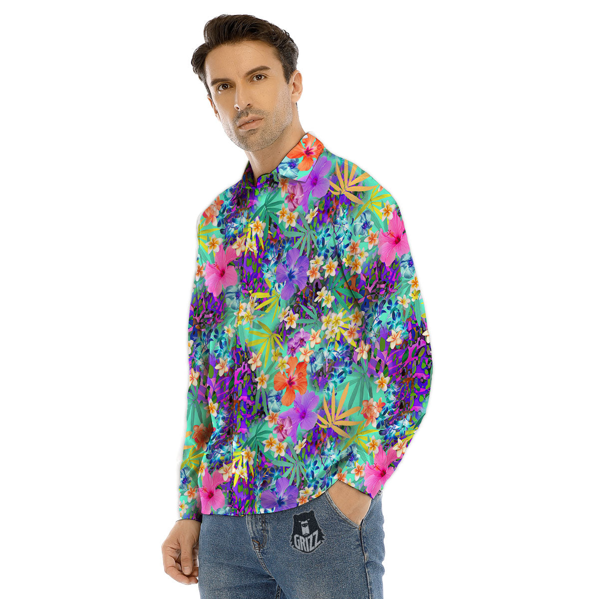Tropical Neon Hibiscus Print Pattern Men's Dress Shirts-grizzshop